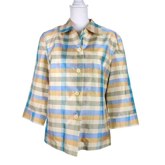 SilkLand Tops - Silkland Shirt Top Jacket Womens 10 Blue Gold Green Check Silk Casual Office VTG